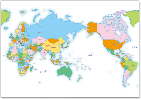 カラー 子ども用 世界地図　【国名・首都名・ふりがなつき】　【Ａ２サイズ（Ａ４・４枚組）】