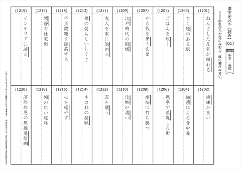 漢字 【読み】 テスト（６１）～（８５） / 中学・高校の漢字 1130字　無料ダウンロード・印刷