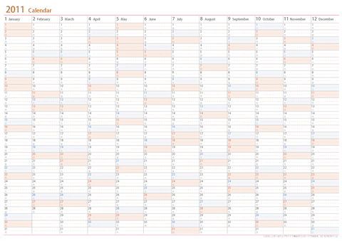2011-2012年間カレンダー1・4月始まり［日付縦並び］　無料ダウンロード・印刷