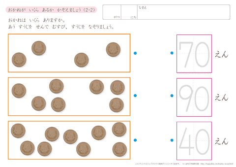 お金を数える練習プリント（2-2）1円玉を数える練習