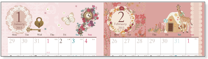 アンティーク風ガーリー カレンダー　Ａ４サイズ-２ヵ月ごと　無料ダウンロード・印刷