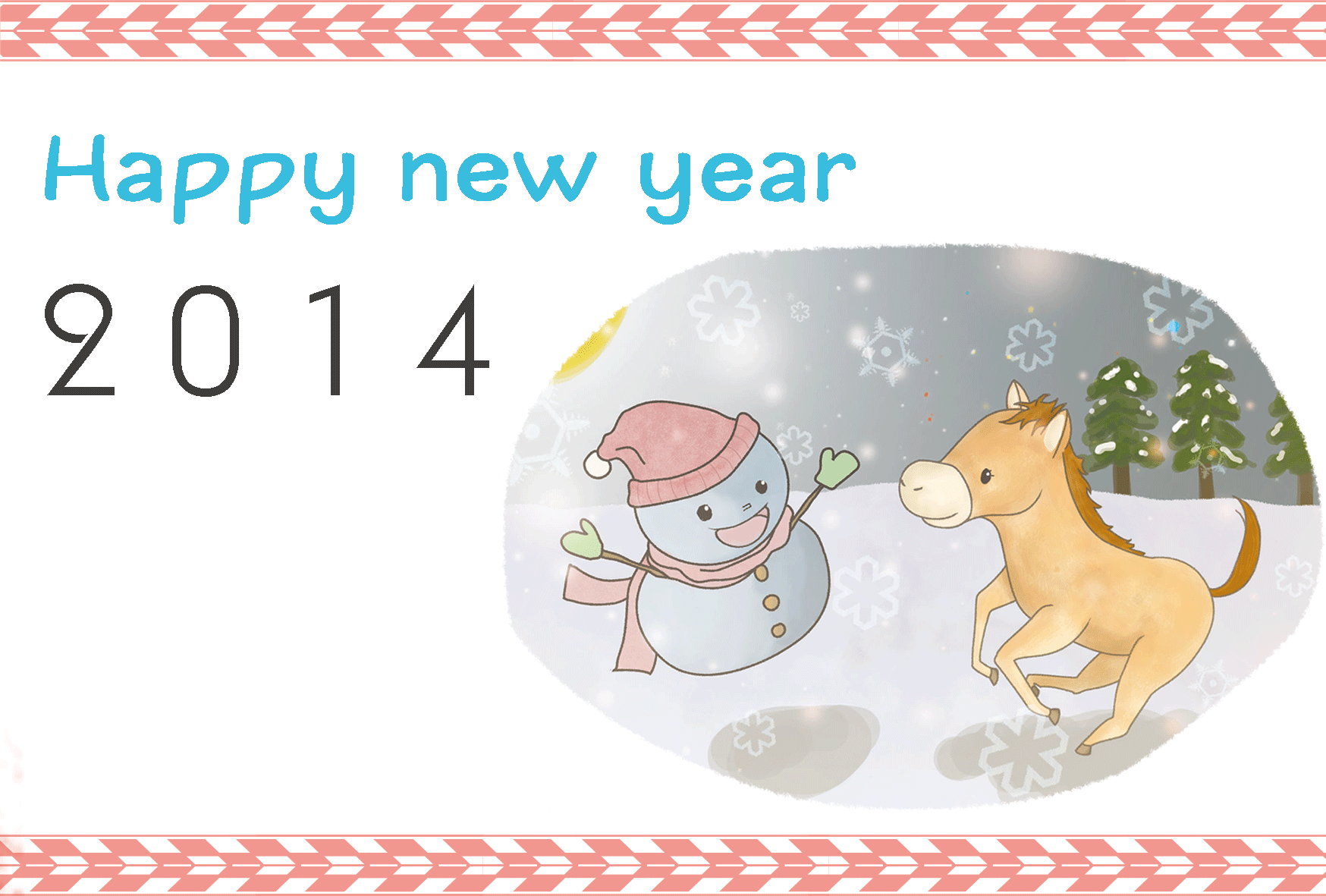うま年2014年 子馬と雪だるま かわいいイラスト年賀状 無料