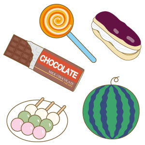 【チョコレート、キャンディ、エクレア、だんご、すいか】 仲間外れはどれ？