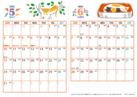 【2020年 ５月～６月】 猫 カレンダー　Ａ４-２ヶ月