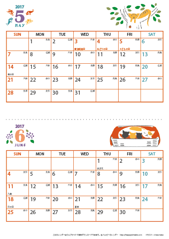 【2017年 ５月～６月】 猫 カレンダー　Ａ４縦-２ヶ月