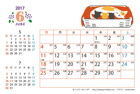 【2017年６月】　猫のイラスト　カレンダー　はがきサイズ