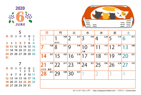 【2020年６月】　猫のイラスト　カレンダー　はがきサイズ
