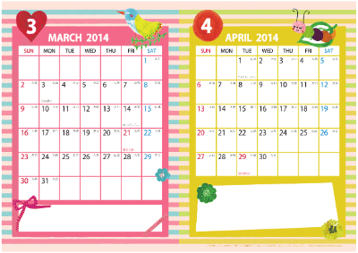 【２０１４年 ３月～４月】カレンダー　Ａ４-２ヶ月