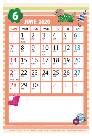 【2020年６月】　かわいいガーリーなイラストカレンダー　はがきサイズ