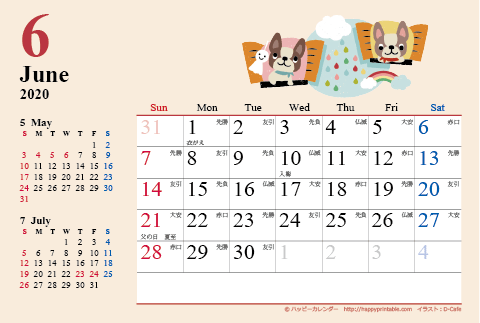 【2020年６月】　カレンダー　かわいい犬のイラスト　はがきサイズ 