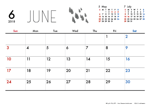 【2018年６月】　モノクロ タイポグラフィ A4横 カレンダー