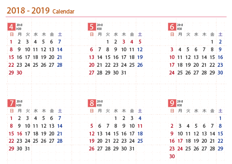 2018年４月～2019年３月　年間カレンダー　【Ａ３】