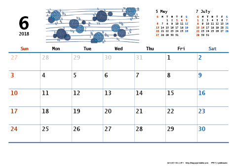 【2018年６月】　和モダン A4横 カレンダー