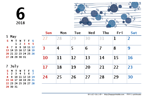【2018年６月】　モノクロ タイポグラフィ カレンダー　はがきサイズ