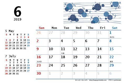 【2019年６月】　モノクロ タイポグラフィ カレンダー　はがきサイズ