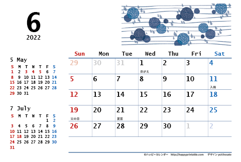 【2022年６月】　モノクロ タイポグラフィ カレンダー　はがきサイズ