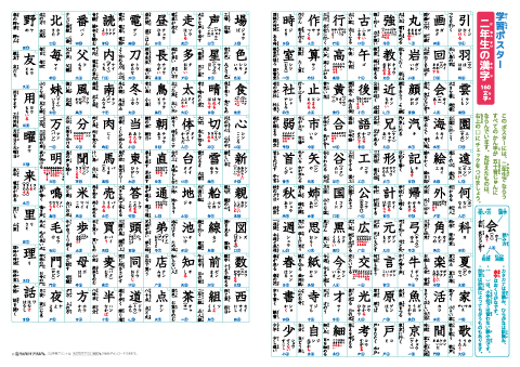 国語「学年別漢字表」学習ポスター（A4×2枚組）2年生