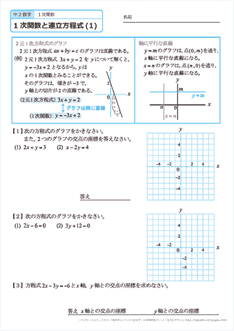 中学２年生 数学　１次関数と連立方程式（文章題）　練習問題プリント　無料ダウンロード・印刷