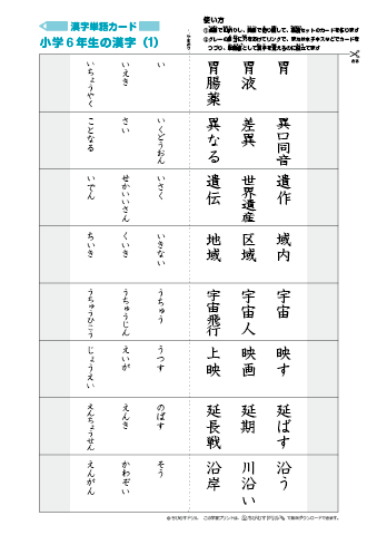 漢字単語カード＜ふりがななし＞［小学６年生］191文字（プリント25枚） まとめて印刷する