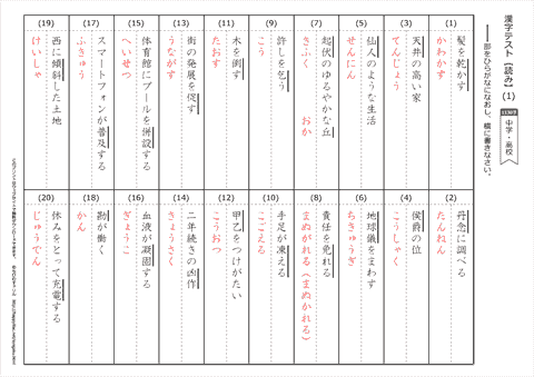 【読み】漢字テスト /中学・高校　　答え（1）～（20）
