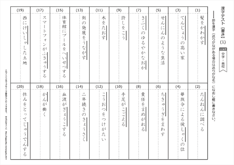 【書き取り】漢字テスト /中学・高校　　問題（1）～（20）