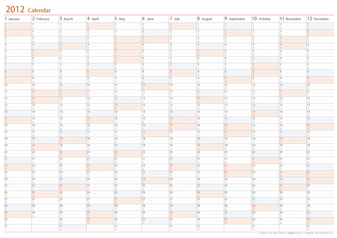2012（2013）年　年間カレンダー（日付縦ならび）　無料ダウンロード