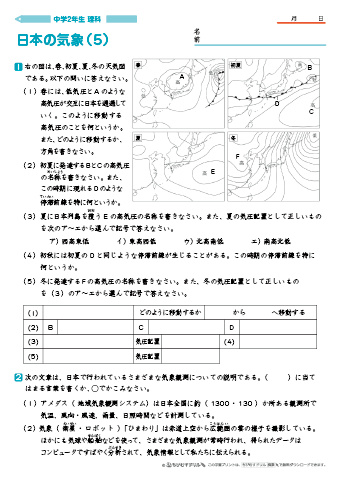 日本の気象 問題プリント　練習問題　（５）