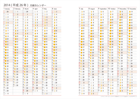 ★リフィル用 【Ａ４サイズ・１枚版】　2014年　月齢カレンダー