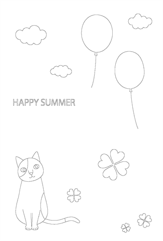 【ぬりえ】暑中見舞いはがき　「ネコと風船」